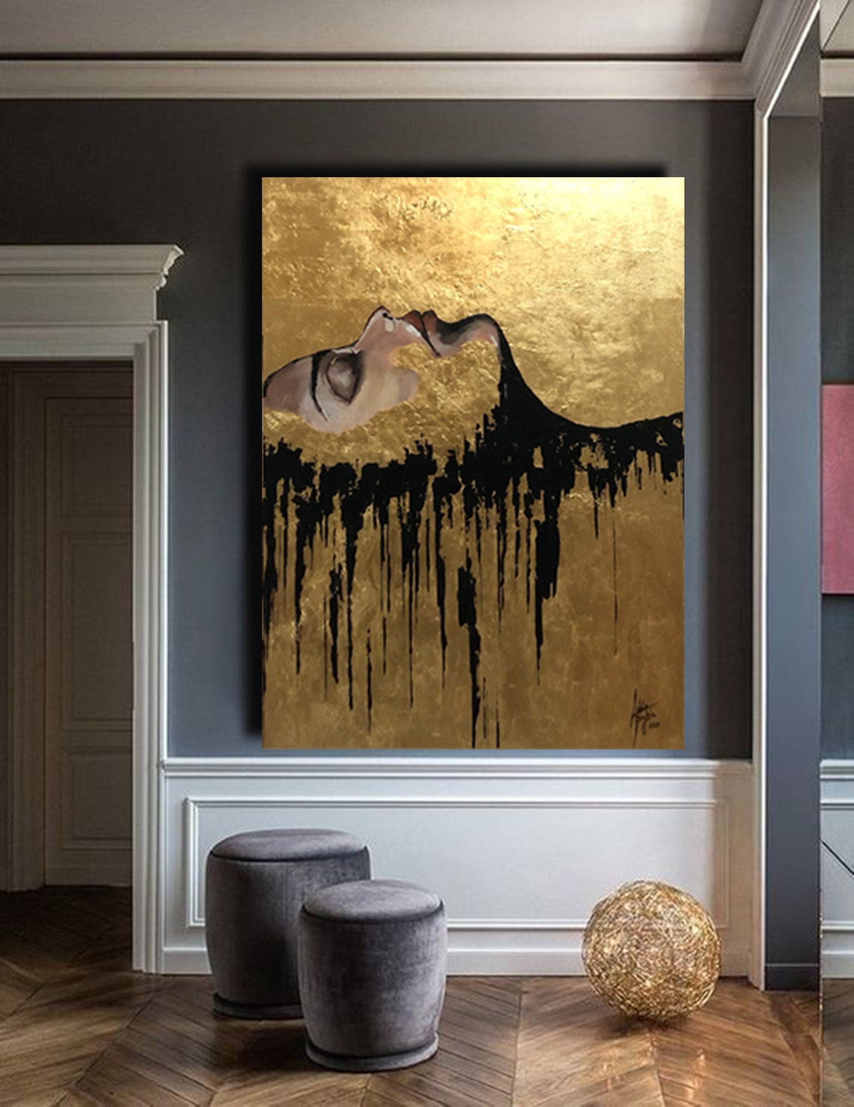 Grand tableau noir et or, peinture acrylique sur toile, art abstrait,  peinture abstraite, peinture à la feuille d'or, peinture noire, art mural -   France