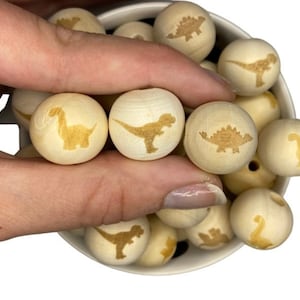 Dinosaur Engraved Round Bead (Mix of 3 Species of Dinos), 20mm Maple Wood beads