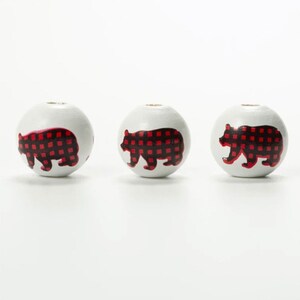 Christmas White Wood Beads with Red and White Plaid Bears, Round Wood Beads , Wholesale Beads