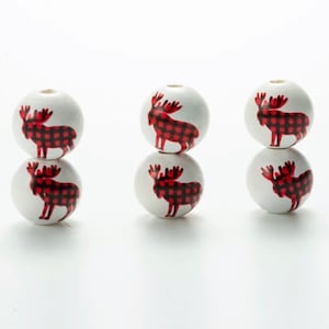 Christmas White Wood Beads with Red and White Plaid Elk, Round Wood Beads , Wholesale Beads