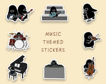 Penguin Music Sticker Set | Drums | Piano | Ukulele | Guitar | Bass | Cello | Violin | DJ | Singer | Cute Sticker | Matte Sticker | Die Cut