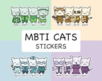 May include: A set of 16 cat stickers featuring different MBTI personality types. Each cat is illustrated in a cartoon style with a unique personality trait and a corresponding MBTI letter code. The stickers are printed on white paper with a glossy finish.