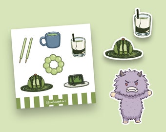 Matcha Snacks + Matcha Monster | Glossy Stickers | Cute Stationery | Sticker Sheet | Journal Decorating | Planner Stickers | Japanese Snacks