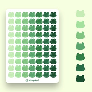 May include: A sheet of green frog stickers with a gradient of shades from light to dark green. The sheet has 48 stickers and the text "melissagoh art" in the bottom right corner.