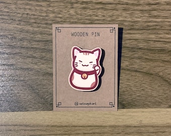 Lucky Cat Wooden Pin | Cute Pin | Accessory | Wooden Badge | Animal Pin | Cute Animal | Animal Badge | Cat Pin | Kitty Pin | Lucky Pin