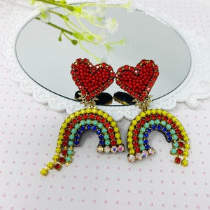 Rainbow & Heart Earrings, Handmade Rainbow Pride Earrings, funny earring, cool earrings, wanderlust jewelry, rainbow crystal earrings