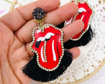 Rolling Stones earrings, Handmade earrings, long fringe earrings, Red lips earrings, funny earrings, Retro big red rolling stones