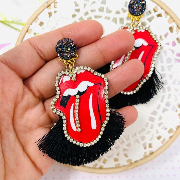 Rolling Stones earrings, Handmade earrings, long fringe earrings, Red lips earrings, funny earrings, Retro big red rolling stones