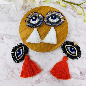 Evil eye tassel earrings, statement earrings,evil eye charm, protection earrings, stunning earrings, dainty evil eye, long fringe earrings