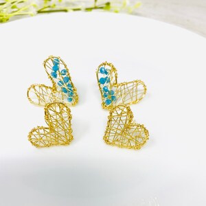 Wire-Wrapped Heart Earrings, handmade  statement earrings, gold filled wire earrings, Sacred Heart earrings, Blue & Czech crystal