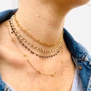Moon and Star chokers, Choker Necklace, Gold Necklace, 18k gold filled chain, Handmade Necklace, statement necklace, black bead choker