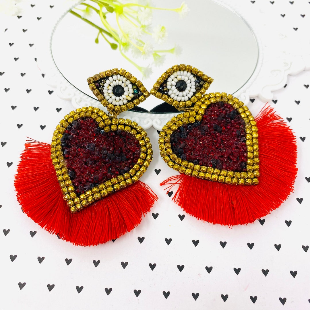 Beaded Evil Eye & Heart Dangle Earrings, Heart Shaped Earrings