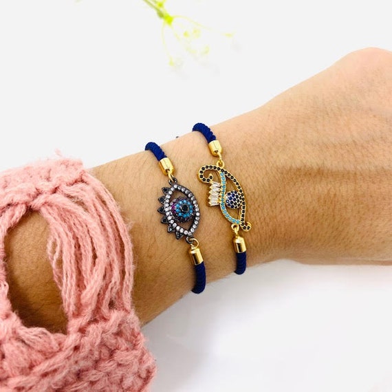 邪眼ブラックストリングブレスレット14K、邪眼チャームコード 