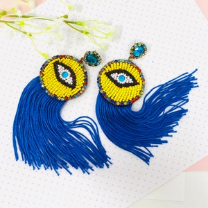 Big Evil Eye Earrings, Handmade Turkish Evil Eye Earrings,statement earrings, protection earrings, stunning earrings , tassel earrings