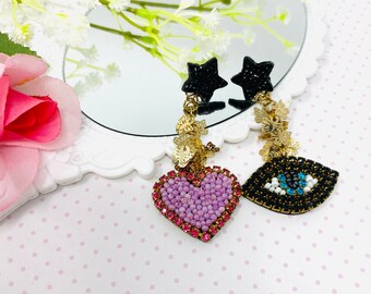 Mismatched Evil Eye and Heart Earrings, protection earrings, beaded earrings, cool earrings, funny earrings, wanderlust jewelry