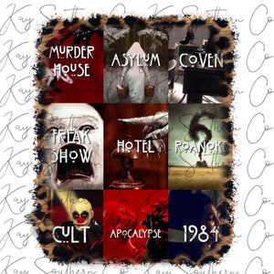 Peut inclure: Un collage d'images de la s&eacute;rie t&eacute;l&eacute;vis&eacute;e American Horror Story. Chaque image pr&eacute;sente une saison diff&eacute;rente de la s&eacute;rie, notamment Murder House, Asylum, Coven, Freak Show, Hotel, Roanoke, Cult, Apocalypse et 1984.