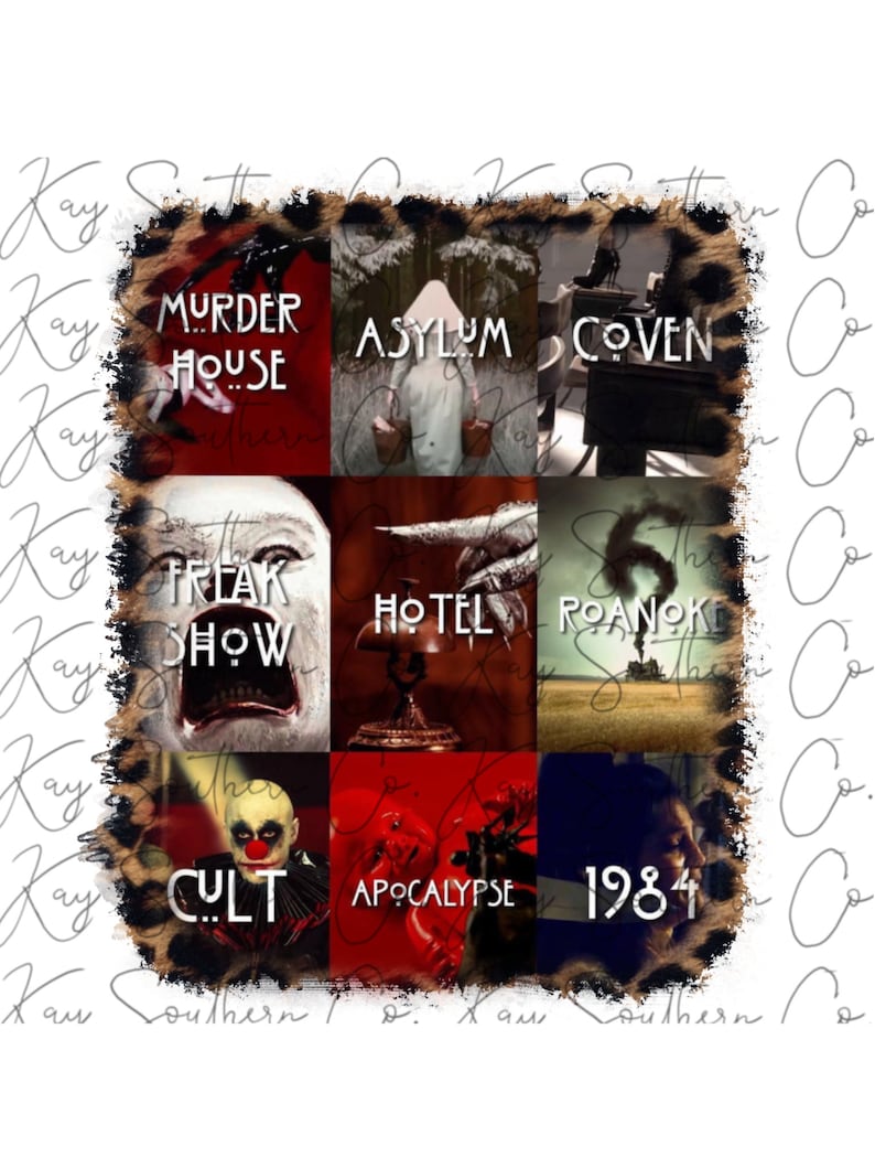 Peut inclure: Un collage d'images de la s&eacute;rie t&eacute;l&eacute;vis&eacute;e American Horror Story. Chaque image pr&eacute;sente une saison diff&eacute;rente de la s&eacute;rie, notamment Murder House, Asylum, Coven, Freak Show, Hotel, Roanoke, Cult, Apocalypse et 1984.