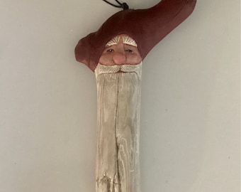 Hand Carved Driftwood Hanging Santa.