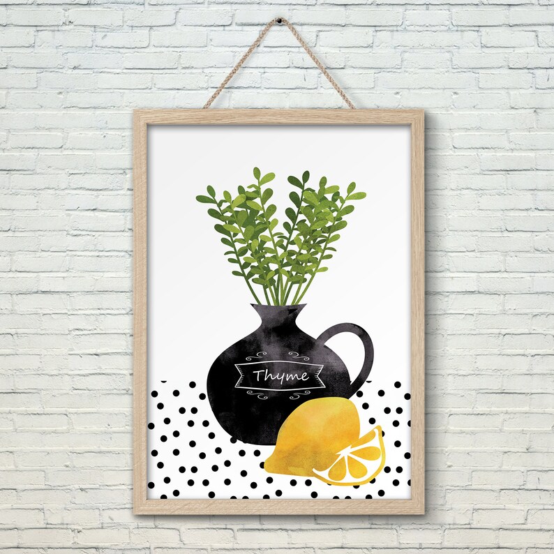 Thyme art print lemon art kitchen art lemon and herbs Etsy