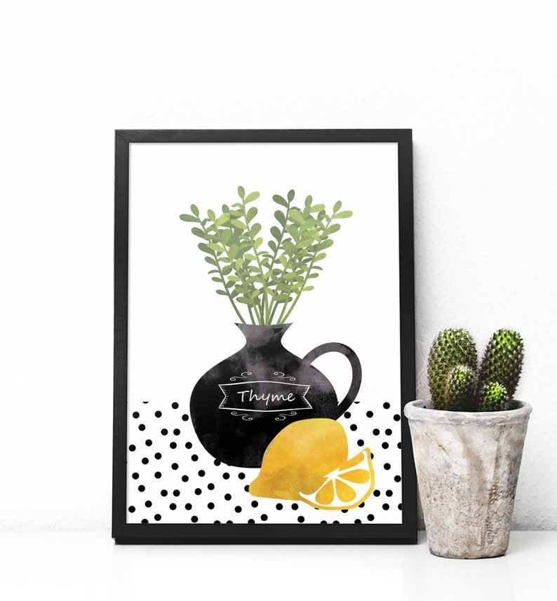 Thyme art print lemon art kitchen art lemon and herbs Etsy