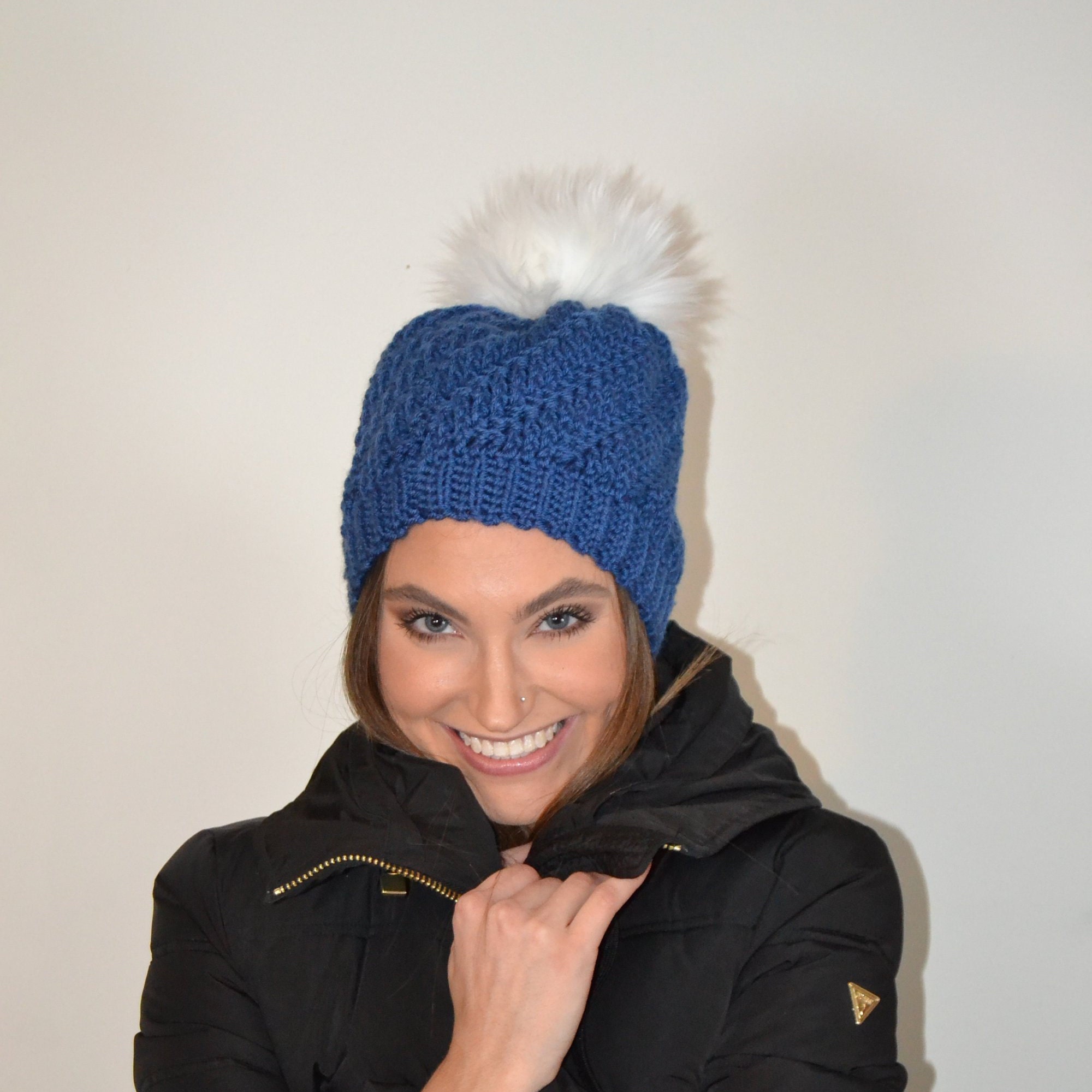 Women's crocheted winter hat with pom pom / Blue Winter Etsy