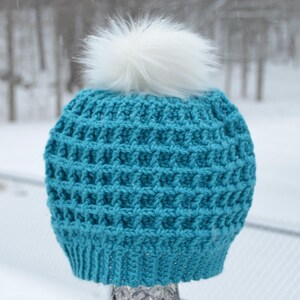 Women&#39;s winter hat with removable pom pom; ready to ship