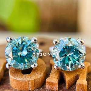 Moissanite 4 Prong Push back Solitaire Stud Earrings | Blue Round Cut Moissanite Stud, Birthday Gift