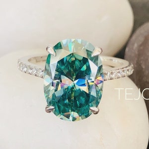 Blue Oval Moissanite Engagement Ring | Hidden Halo Solitaire Ring | Classic Anniversary Ring Gift for Her | USA Seller