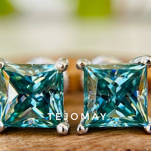 Moissanite 4 Prong Screw back Solitaire Stud Earrings | Blue Round Cut Moissanite Stud, Birthday Gift