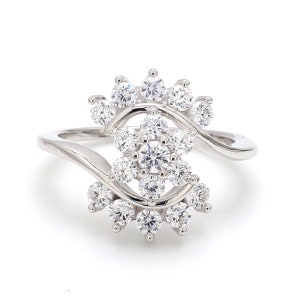 Cluster Flowery Classic Round Cut Colorless Moissanite Cluster Halo Engagement Ring, Women&#39;s Day Ring, Cathedral Set Anniversary Ring