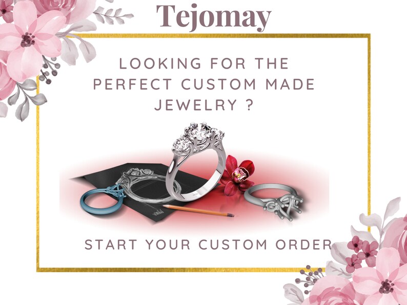 May include: A white gold engagement ring with three diamonds set in a prong setting. The ring is on a red surface with a pencil and a drawing of a ring. The text "Tejomay" and "Looking for the perfect custom made jewelry?" is on a white background with a gold border. The text "Start your custom order" is below the ring.