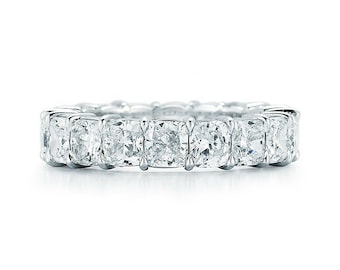 5 MM Cushion Cut Colorless Moissanite Eternity Ring, Matching Wedding Band, Comfort Fit Band, Shared Prong Ring, Anniversary Gift Ring