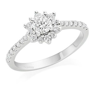 Flower Style Round Cut Colorless Moissanite Cluster Halo Engagement Ring, Anniversary Ring, Cathedral Set Anniversary Ring, Gift For Her