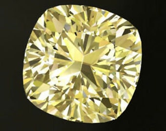 May include: A cushion-cut yellow diamond gemstone with a brilliant, faceted surface.