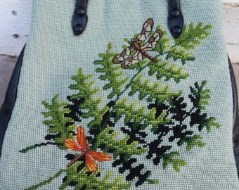 Vintage Leather Handbag with Tapestry Needlepoint
