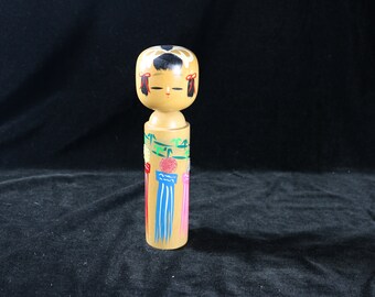 Japanese Kokeshi Doll with Colorful Pillars 9.5"