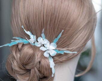 Long Bridal Hair Vine, Teal Ocean Inspired Hair Piece, Floral Resin Wedding Headpiece, Unique Statement Bridal Hair Accessory