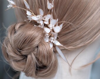 Bridal Hair Vine Gold Floral Pearl – Handmade Wedding Hair Accessory, Crystal Flower Hair Piece, Boho Bridal Headpiece, 13cm Hair Vine