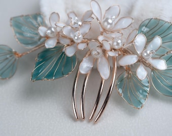 Blue Green Bridal Hair Comb, Botanical Wedding Hair Comb with White Flowers, Pearl Bridal Hair Piece, Lumina Tide Comb