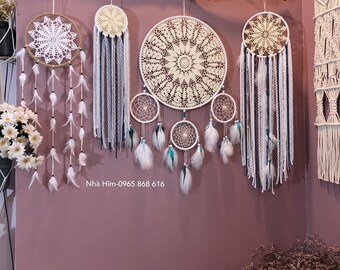 Acchiappasogni Fatto A Mano Boho Con Piume - Decorazione Parete Estetica Per Camera Da Letto E Dormitorio - Lunghezza 68cm, Diametro 16cm