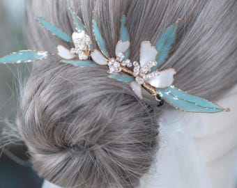Mint Green Bridal Hair Vine, Gold Floral Wedding Hair Piece, Resin Flower Hair Comb, Romantic Garden Bride Headpiece, Handmade by Himera