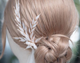 Gold Leaf Bridal Hair Vine, Ivory Wedding Hair Accessory, Pearl Floral Hair Piece, Bridal Headpiece, Handmade Wedding Hair Jewelry