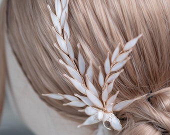 Bladgoud bruids haar wijnstok, ivoor parel bloemen bruiloft accessoire