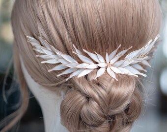 Bridal Hair Vine Gold Leaf Wedding Hair Piece, Ivory Leaf Hair Accessory, Long Bridal Headpiece, Wedding Hair Vine for Bun