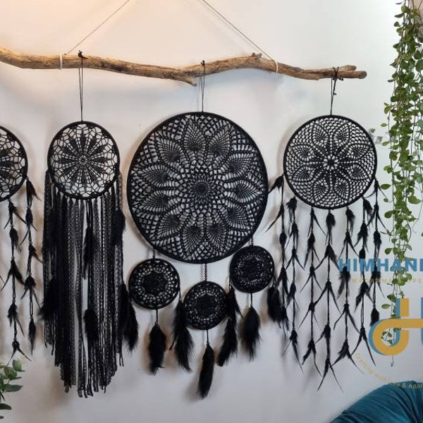 Large dream catcher wall hangings, black dreamcatcher set, giant dream catcher headboard decoration, dream catchers nursery wall decor