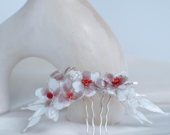 Blush Floral Bridal Hair Comb – Pink Flowers with Red Accents, Pearl Wedding Hair Piece, Romantic Bridal Headpiece