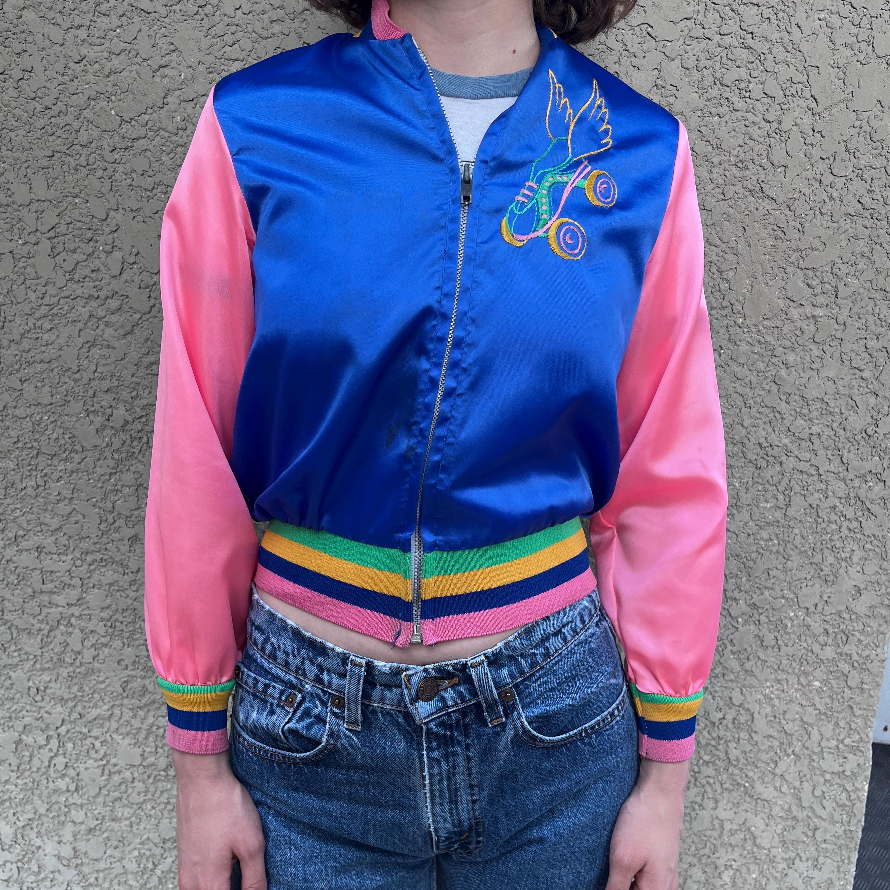Vintage 70s Color Block Satin Jacket: Embroidered Rainbow 