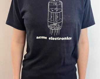 Vintage 70s Acme Electronics T shirt Guitar Tube Amp Bulb Stedman Sport T Medium navy blue