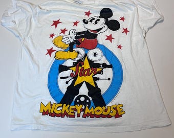 Vintage 90s Mickey Mouse Star T Shirt Night Moves Tag One Size Fits All Boxy XL Soft Sleep Tee Big Print Disney