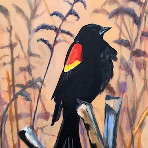 Red Winged Blackbird Painting, Original Blackbird Wall Art, Blackbird Wall Decor, Bird Watcher Gift, Bird Lover Gift, Original Bird Painting